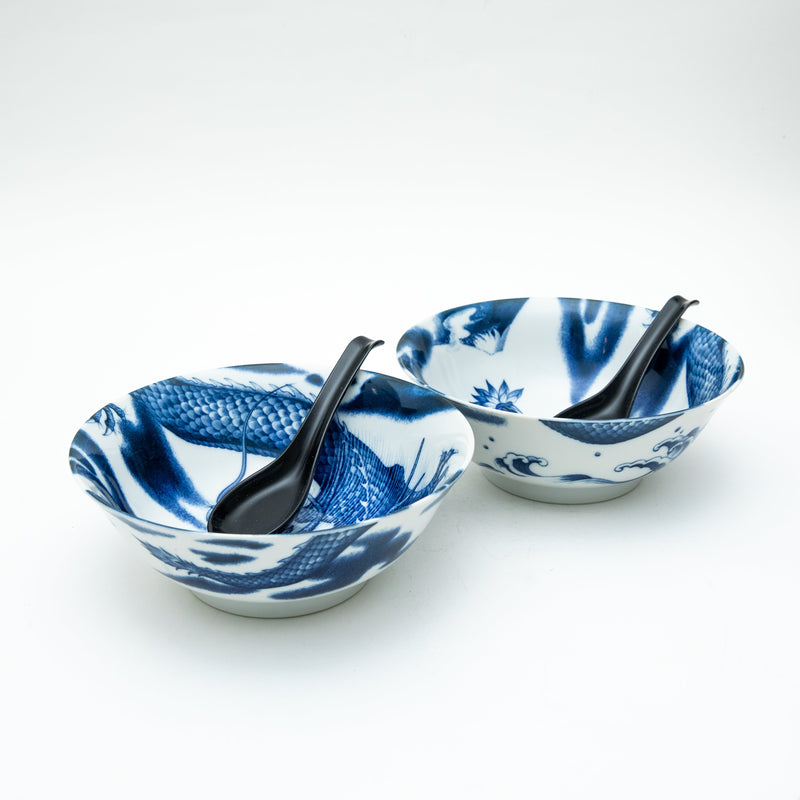 Ensembles 2 Sets Bowl:H19.8x7.6cm, Spoon: H16x4.5cm Dragon For Gift Porcelain Ramen Bowls & Spoons Set
