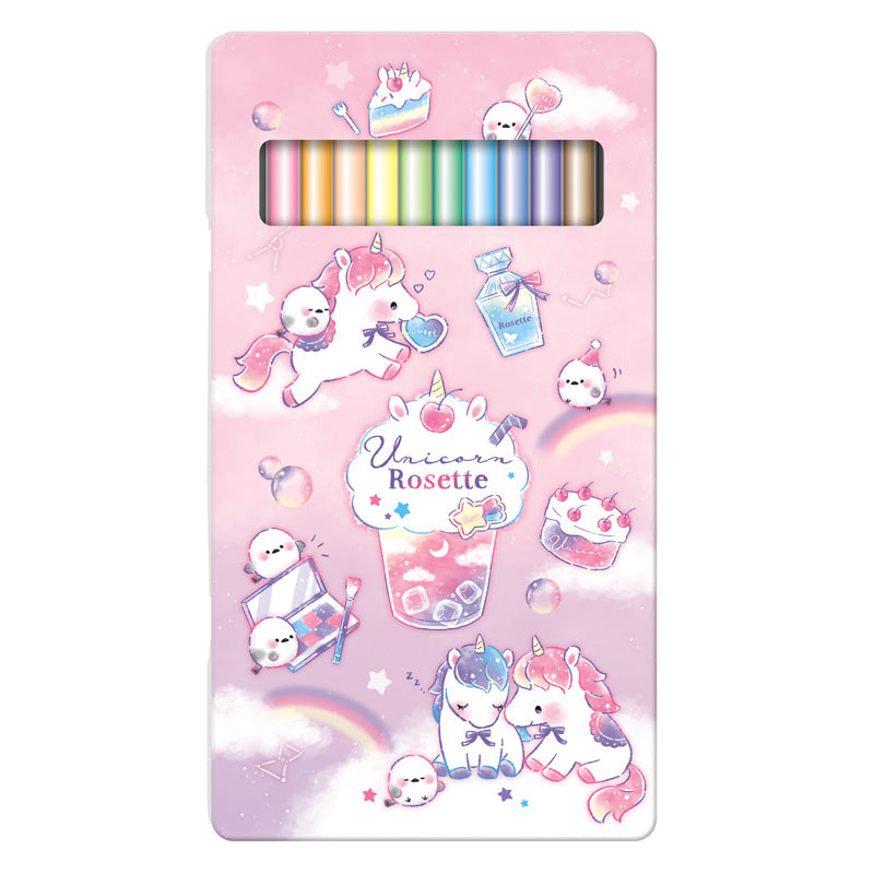 Coloured Pencils (With Tin Case/12 Colours/Unicorn Rosette/12 Colours: Black, Brown, Light Beige, Purple, Blue, Light Blue, Green, Light Green, Yellow, Orange, Red, Pink/Kamio Japan/SMCol(s): 12-Col)