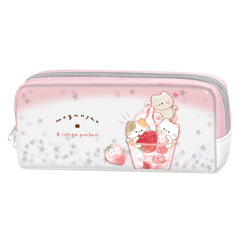 Pencil Case (Dual Zipper/With Liquid Glitter/Mogunyan Cat/Strawberry Parfait/5x18.5x7.5cm/Kamio Japan/SMCol(s): Pink)