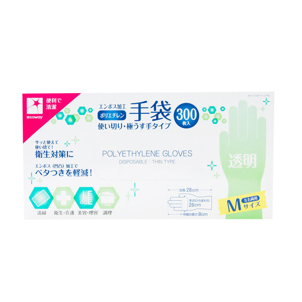 Disposable Gloves (PE/M/Length: 28cm, Palm Circumference: 28cm, Finger Length: 8cm/300pcs/SMCol(s): Clear)