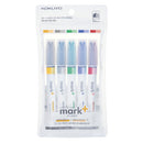 Kokuyo Mark+ Double-Tip: 2-Tone Colours, Dark & Light Navy, Green, Gold, Grey, Pink Highlighter Pen Set - Blue/Yellow/Green/Grey/Red