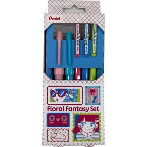 Ballpoint Pen & Brush Pen Set (1.0mm Ballpoint Pen/0.7-1.5mm Brush Pen/Water-Based Ink/Matte Colour/Floral Fantasy/Ballpoint Pen: 15.1x1.4x1cm, Brush Pen: 13.3x1.8x1.3cm/Pink,Sky Blue,Yellow Green,Pale Pink,Pale Blue/Pentel/Mattehop/SMCol(s): Multicolour)