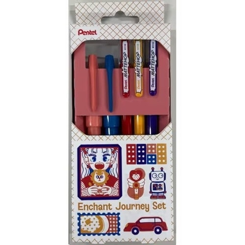Ballpoint Pen & Brush Pen Set (1.0mm Ballpoint Pen/0.7-1.5mm Brush Pen/Water-Based Ink/Matte Colour/Enchant Journey/Ballpoint Pen: 15.1x1.4x1cm, Brush Pen: 13.3x1.8x1.3cm/Red,Violet,Yellow Orange,Coral Orange,Sky Blue/Pentel/Mattehop/SMCol(s): Multicolour
