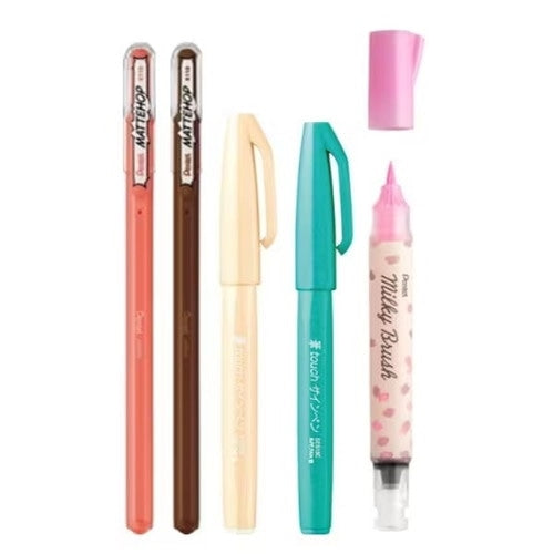 Ballpoint Pen & Brush Pen Set (1.0mm Ballpoint Pen/0.7-1.5mm Brush Pen/Double-Ended Brush Pen: 3-4mm & 10-12mm/Water-Based Ink/Matte Colour/Sweet Moments/Ballpoint Pen: 15.1x1.4x1cm, Brush Pen: 13.3x1.8x1.3cm, Double-Ended Brush Pen: 14.3x1.7x1.4cm/Brown,