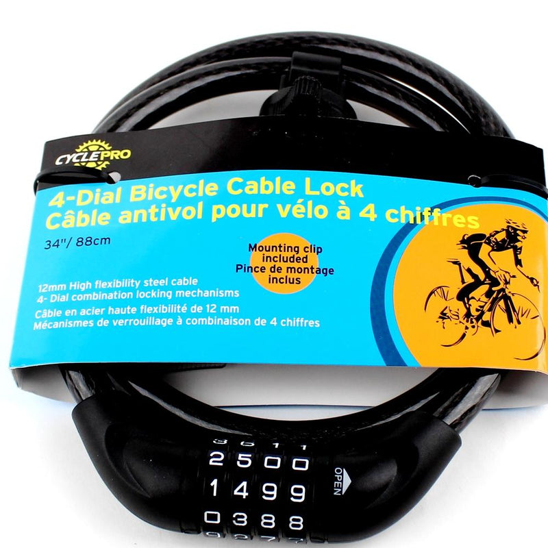 CYCLEPRO 4-Dial Bicycle Cable Lock 12mm 35" Black