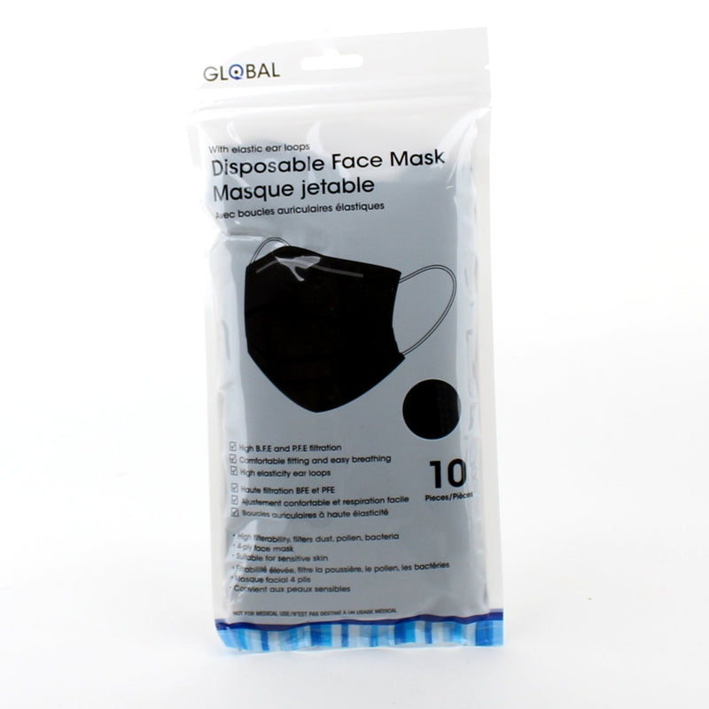 Bodico 10pk Disposable Mask BLACK 4 ply w/ Ear Loop, Zip Lock bag