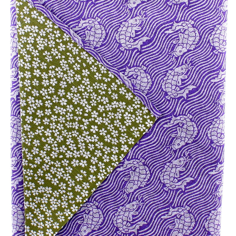 Furoshiki Shantung Double Sided Japanese Wrapping Cloth (Araiso-Rough Coast & Small Cherry Blossom, Purple & Blackish Green, 100x100cm)