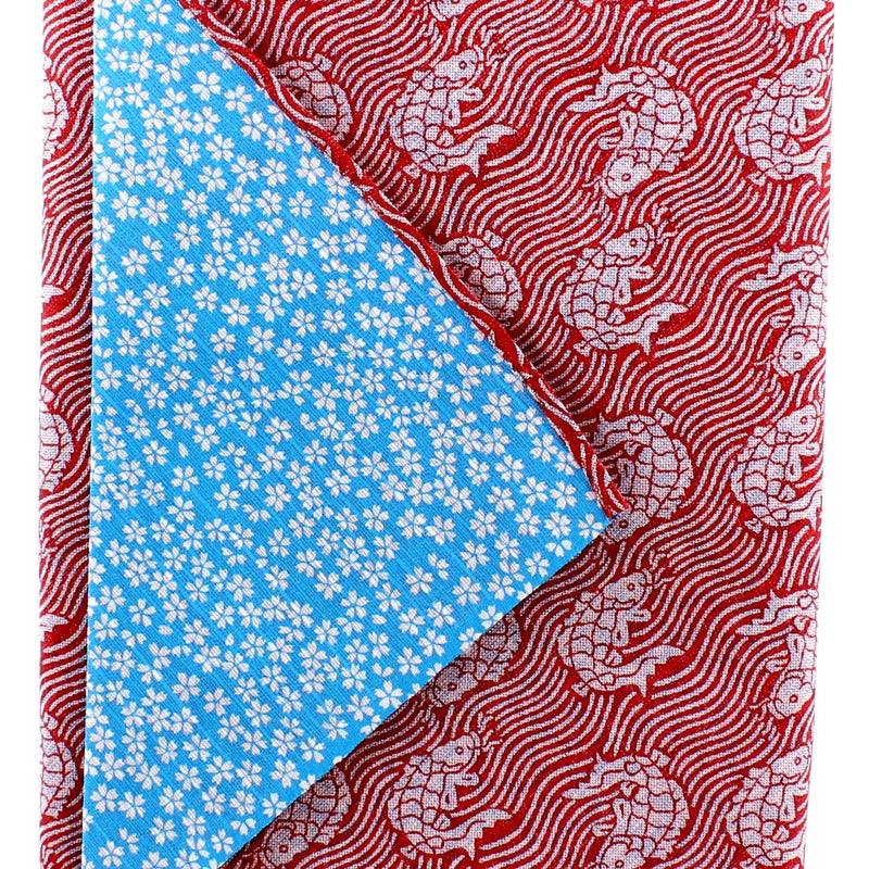 Furoshiki Shantung Double Sided Japanese Wrapping Cloth (Araiso-Rough Coast & Small Cherry Blossom, Dark Red & Blue, 100x100cm)