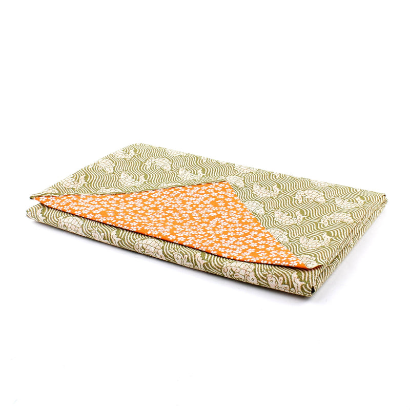 Furoshiki Shantung Double Sided Japanese Wrapping Cloth (Araiso-Rough Coast & Small Cherry Blossom, Blackish Green & Orange, 100x100cm)