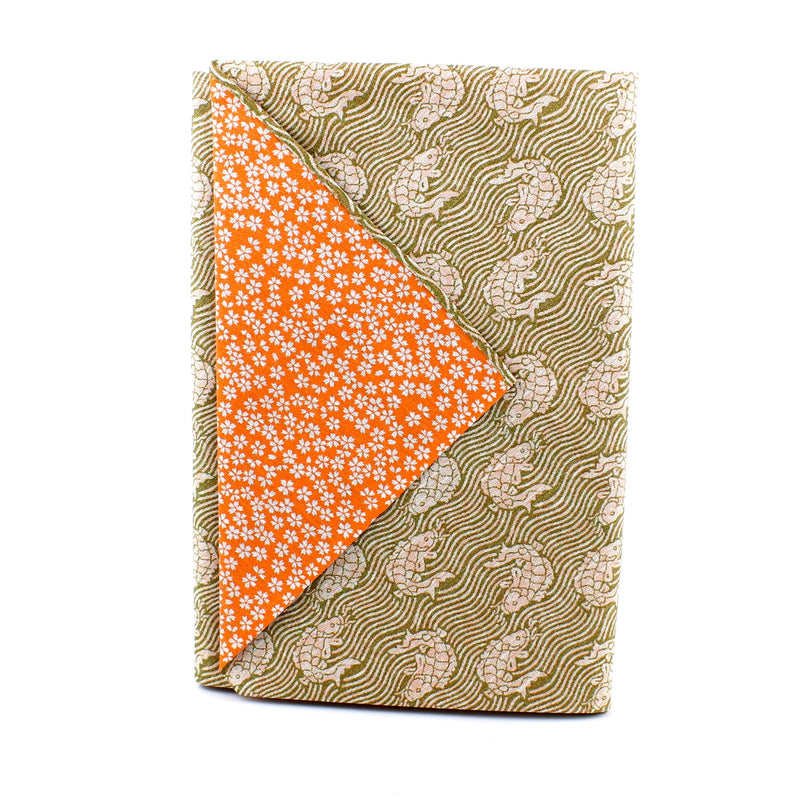 Furoshiki Shantung Double Sided Japanese Wrapping Cloth (Araiso-Rough Coast & Small Cherry Blossom, Blackish Green & Orange, 100x100cm)