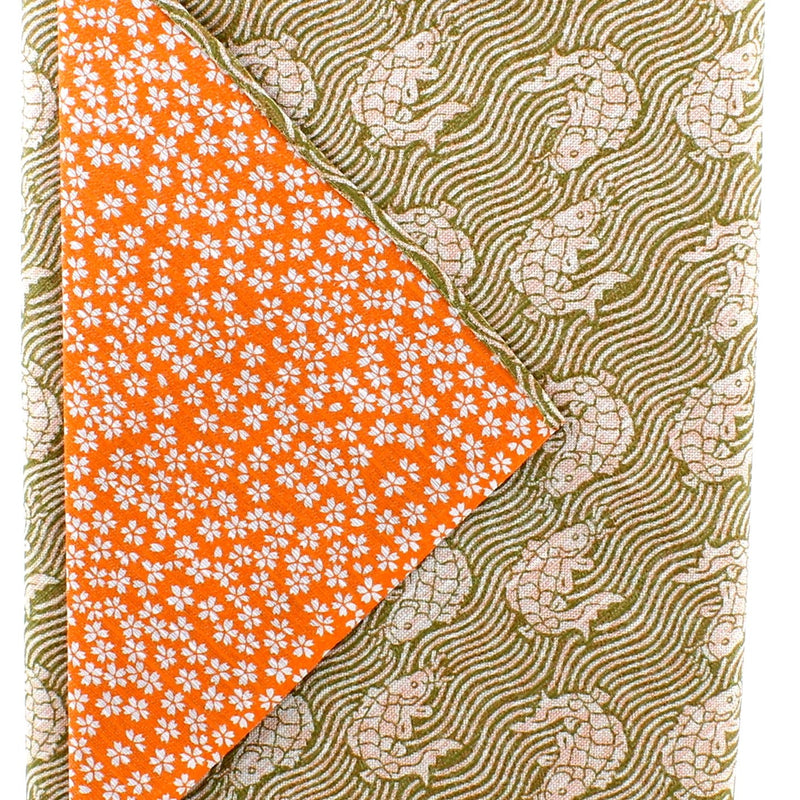 Furoshiki Shantung Double Sided Japanese Wrapping Cloth (Araiso-Rough Coast & Small Cherry Blossom, Blackish Green & Orange, 100x100cm)