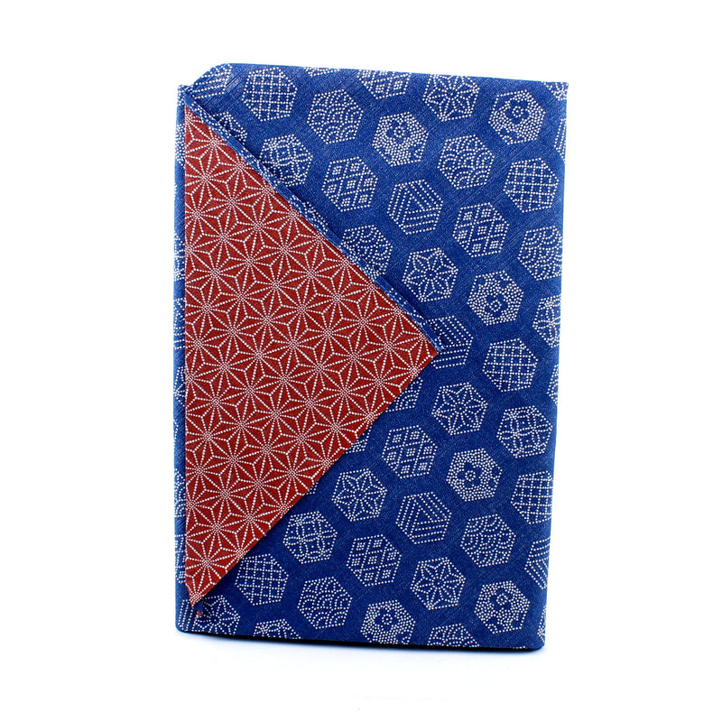 Furoshiki Shantung Double Sided Japanese Wrapping Cloth (Tortoiseshell Crest & Hemp Leaf, Navy & Rusted Vermillion , 100x100cm)