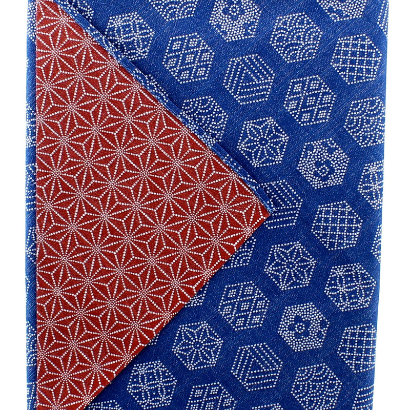 Furoshiki Shantung Double Sided Japanese Wrapping Cloth (Tortoiseshell Crest & Hemp Leaf, Navy & Rusted Vermillion , 100x100cm)