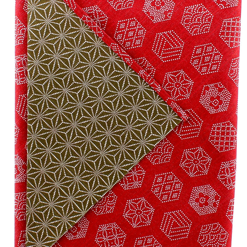 Furoshiki Shantung Double Sided Japanese Wrapping Cloth (Tortoiseshell Crest & Hemp Leaf & Dark Red & Blackish Green , 100x100cm)