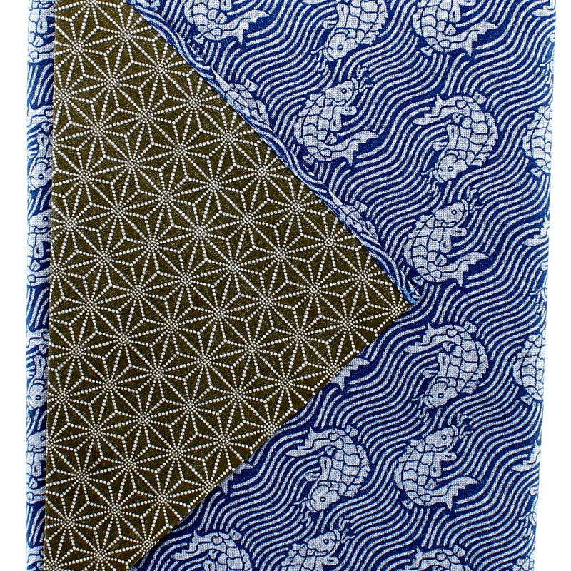 Furoshiki Shantung Double Sided Japanese Wrapping Cloth (Araiso-Rough Coast & Hemp Leaf, Navy & Blackish Green , 100x100cm)
