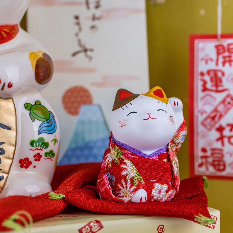 Yakushigama Ceramic Lucky Cat in Kimono Left Paw Raised