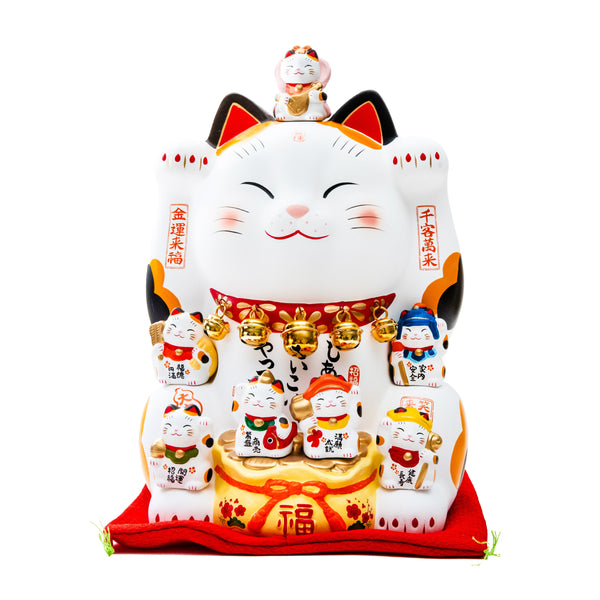 New Year Ornament (Ceramics/With Zabuton Cushion/Both Paws Raised Beckoning Cat/18x17x25.5cm/SMCol(s): White,Red)