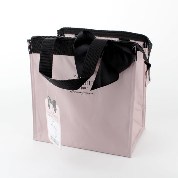 Ribbon Design Wide Lunch Tote Bag with Aluminum Thermal Insulation (Light Pink)