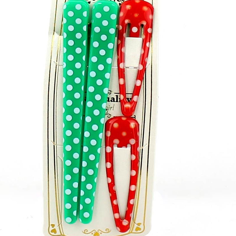 Polka Dots & Checkered Hair Clips (Green & Red, 4pcs)