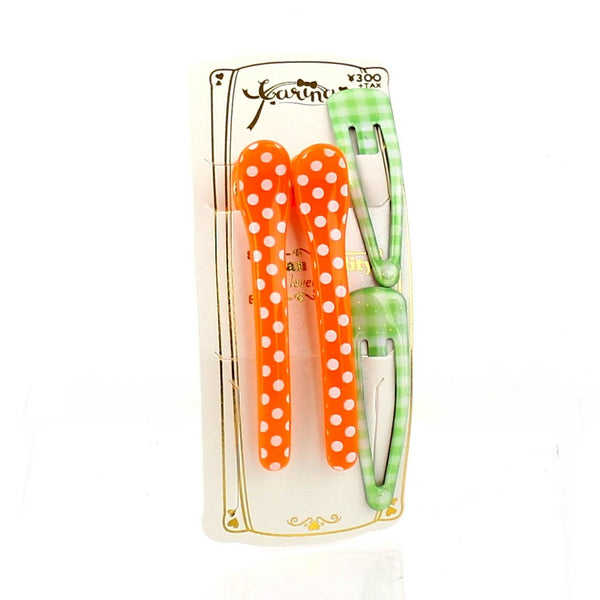 Polka Dots & Checkered Hair Clips (Green & Orange, 4pcs)