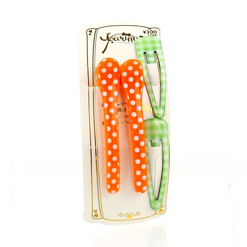 Polka Dots & Checkered Hair Clips (Green & Orange, 4pcs)