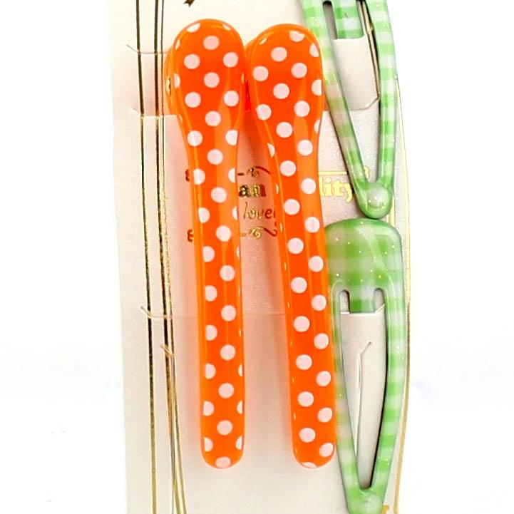 Polka Dots & Checkered Hair Clips (Green & Orange, 4pcs)