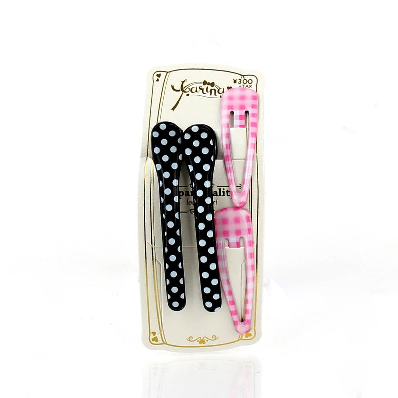 Polka Dots & Checkered Hair Clips (Pink & Black, 4pcs)