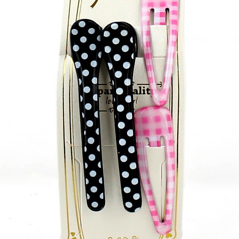 Polka Dots & Checkered Hair Clips (Pink & Black, 4pcs)