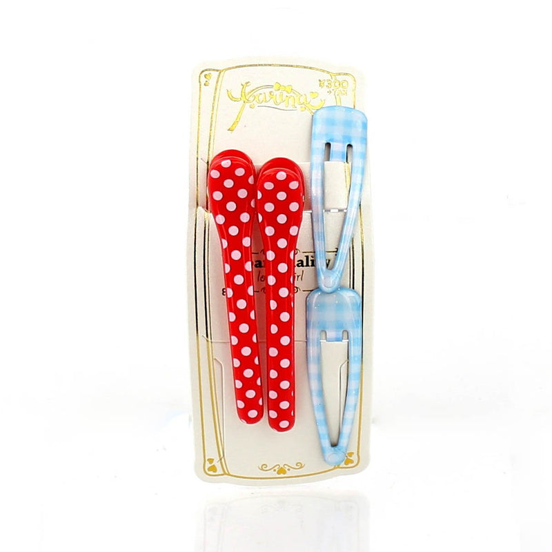 Polka Dots & Checkered Hair Clips (Blue & Red, 4pcs)