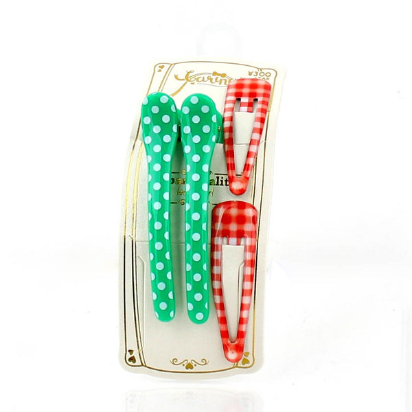 Polka Dots & Checkered Hair Clips (Green & Red, 4pcs)