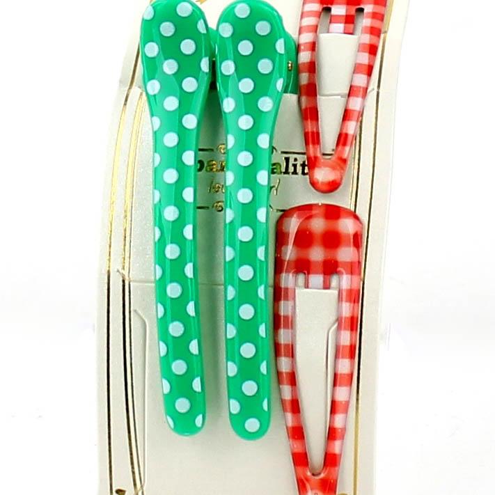 Polka Dots & Checkered Hair Clips (Green & Red, 4pcs)