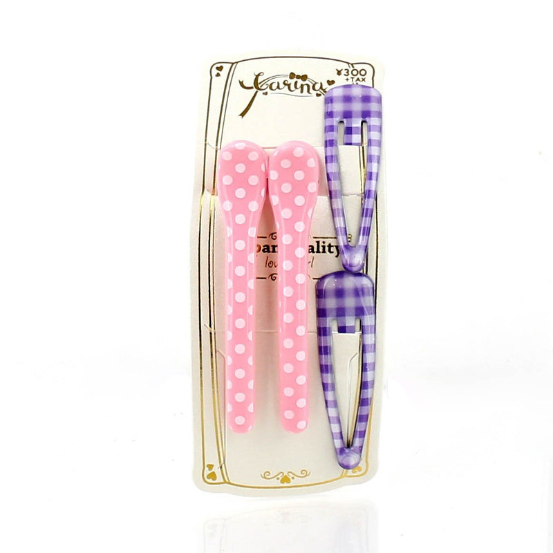Polka Dots & Checkered Hair Clips (Purple & Light Pink, 4pcs)