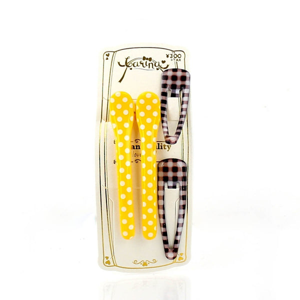 Polka Dots & Checkered Hair Clips (Yellow & Brown, 4pcs)