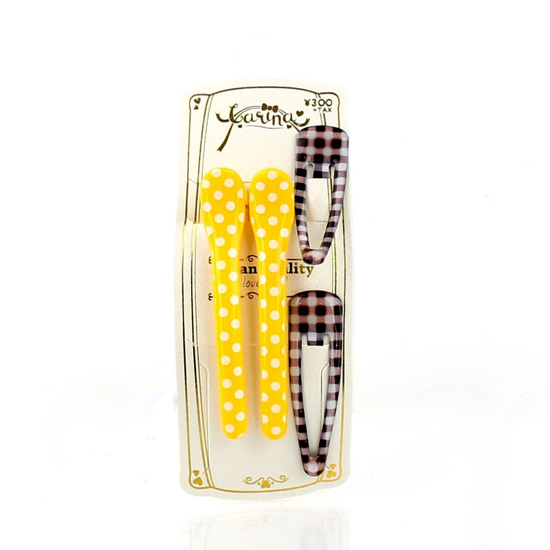 Polka Dots & Checkered Hair Clips (Yellow & Brown, 4pcs)