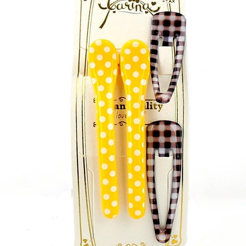 Polka Dots & Checkered Hair Clips (Yellow & Brown, 4pcs)