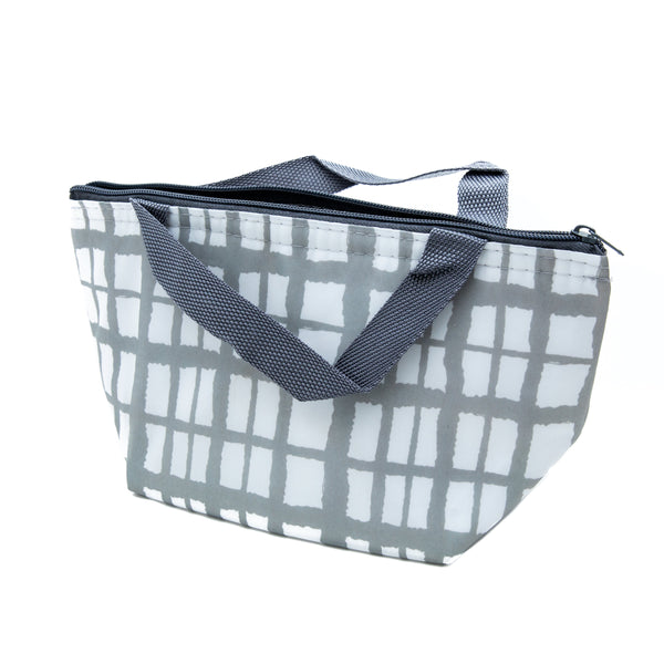 Lunch Bag (Thermal Aluminum Liner/For Two-Tier Lunchbox/Boat-Shaped/Hand Drawn Style/Plaid/16x9x8cm/SMCol(s): Green/Grey)