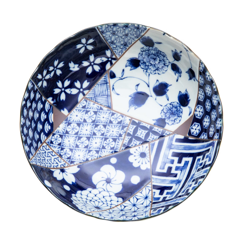 Bowl (Porcelain/Microwave & Dishwasher Safe/Rippled Edge/Yuzen Indigo Dyeing/7.5cm/Ø20.5cm/SMCol(s): White,Blue)