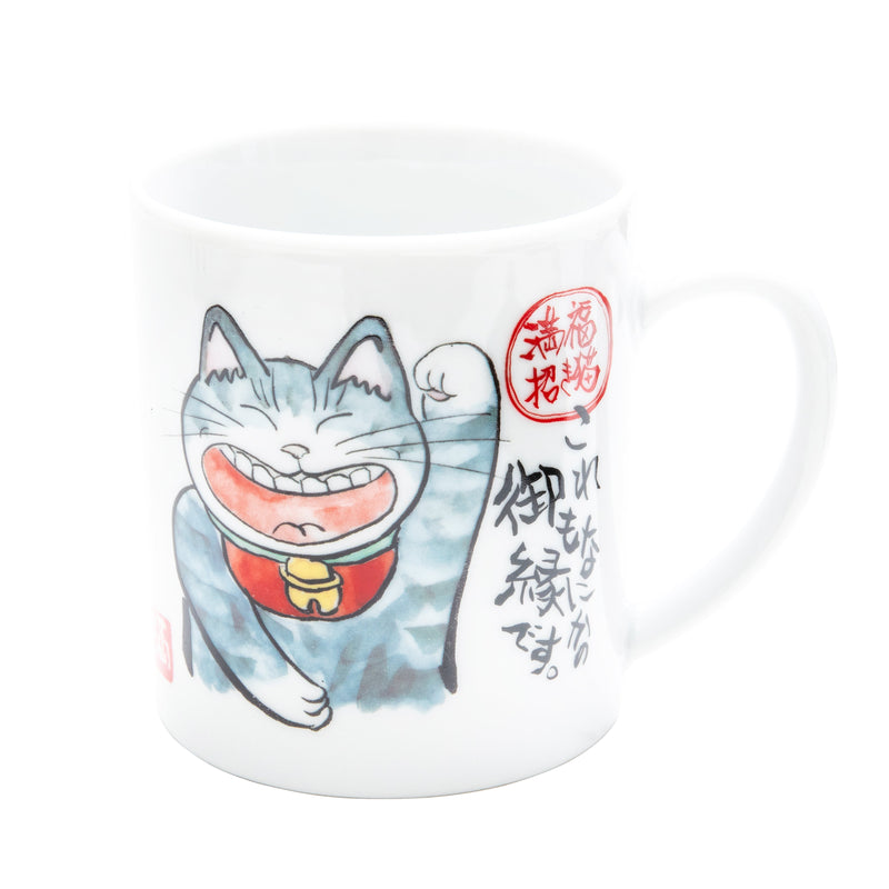 Mug (Porcelain/Chubby Beckoning Cat/Japanese Quote/8.5x11.5x10.5cm/SMCol(s): White,Grey)