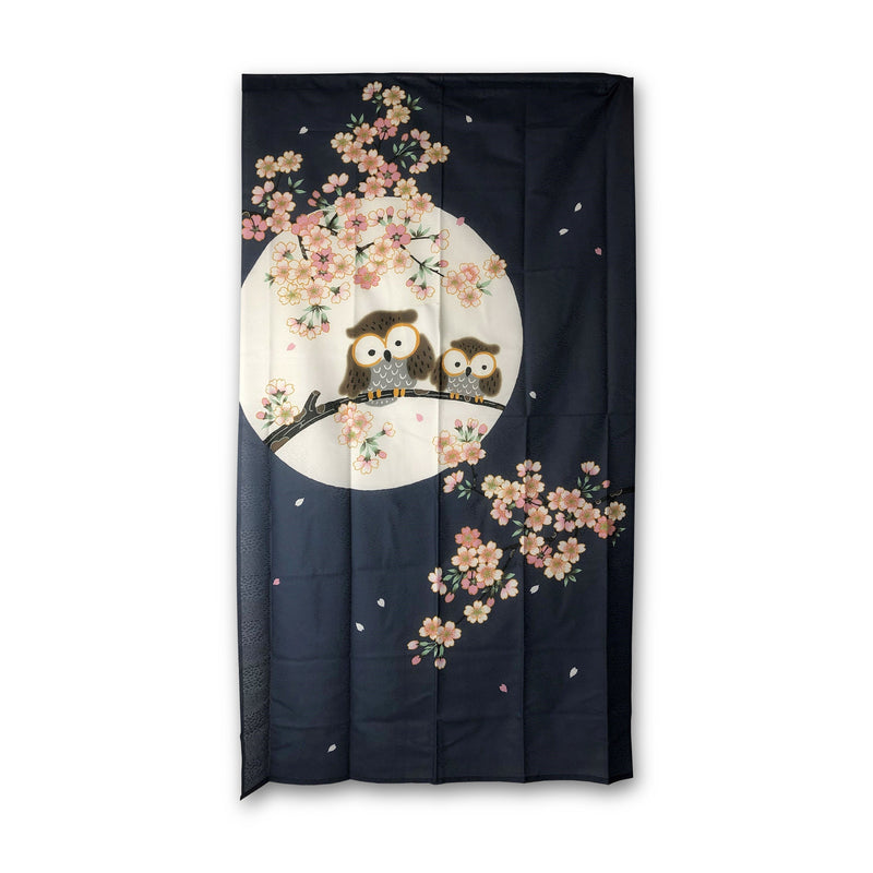 Owl Night Cherry Blossom Cut with Scissors One Slit Noren Curtain L