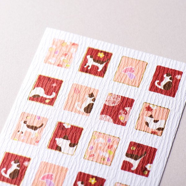 Stickers (Washi Paper/Square/Japanese Style/Cats & Flowers/L/Sheet Size: H16.5xW9cm/SMCol(s): Red,Pink)