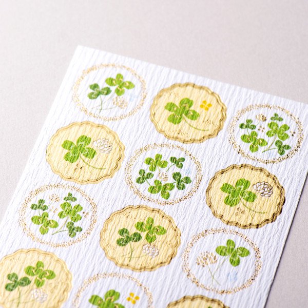 Stickers (Washi Paper/Round/Japanese Style/Clovers/L/Sheet Size: H16.5xW9cm/SMCol(s): Green,Yellow,Gold)