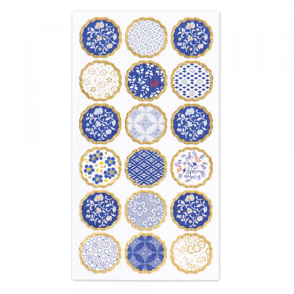 Stickers (Washi Paper/Round/Japanese Style/Indigo/L/Sheet Size: H16.5xW9cm/SMCol(s): Blue,Gold)