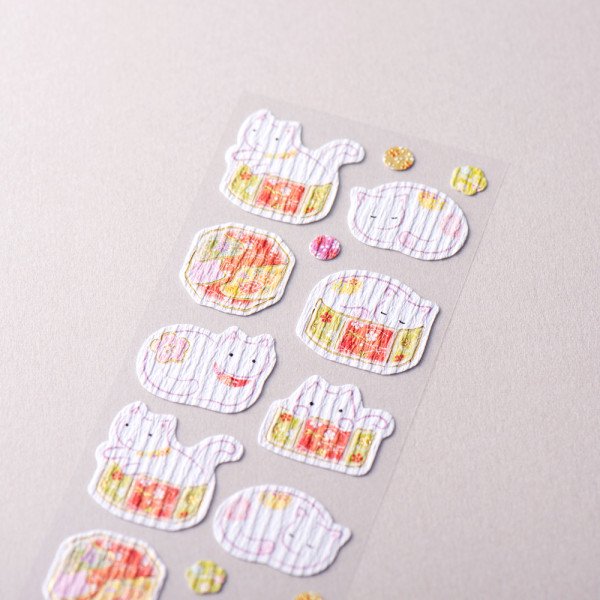 Stickers (Crepe Paper/Yuzen Pattern/Cats/Sheet Size: H16.5xW5cm/SMCol(s): Red,Green,White)