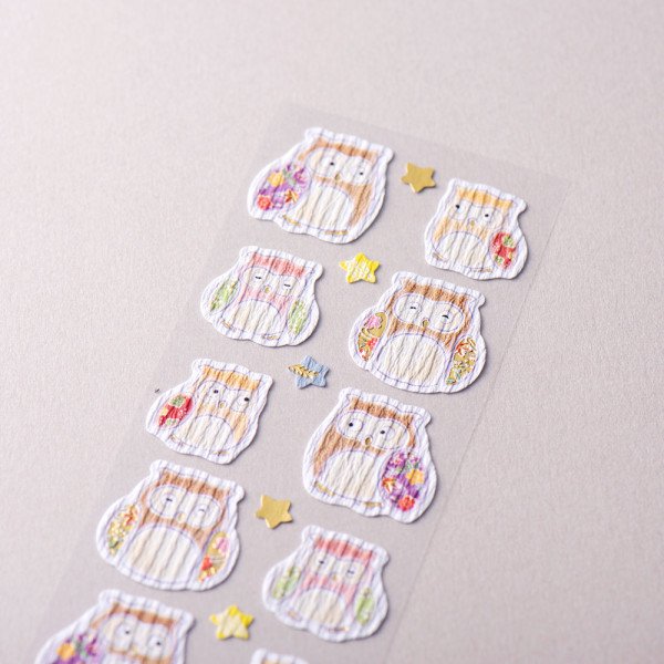 Stickers (Crepe Paper/Yuzen Pattern/Owls/Sheet Size: H16.5xW5cm/SMCol(s): Brown,Pink,White)