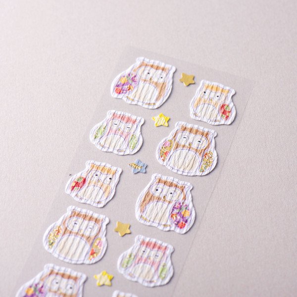 Stickers (Crepe Paper/Yuzen Pattern/Owls/Sheet Size: H16.5xW5cm/SMCol(s): Brown,Pink,White)