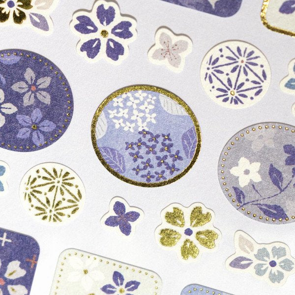 Stickers (Washi Paper/Japanese Style/Indigo Flowers/L/Sheet Size: H16.5xW9cm/SMCol(s): Blue,Gold)