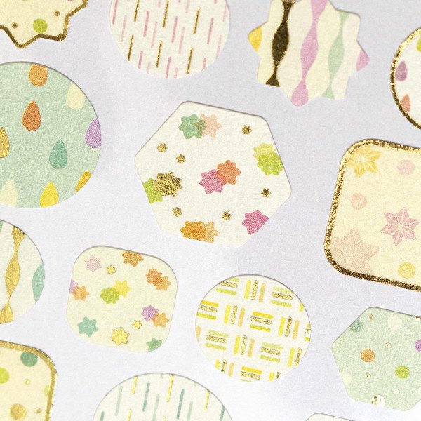 Stickers (Washi Paper/Japanese Style/Japanese Sweets Flowers/L/Sheet Size: H16.5xW9cm/SMCol(s): White,Green,Yellow,Gold)