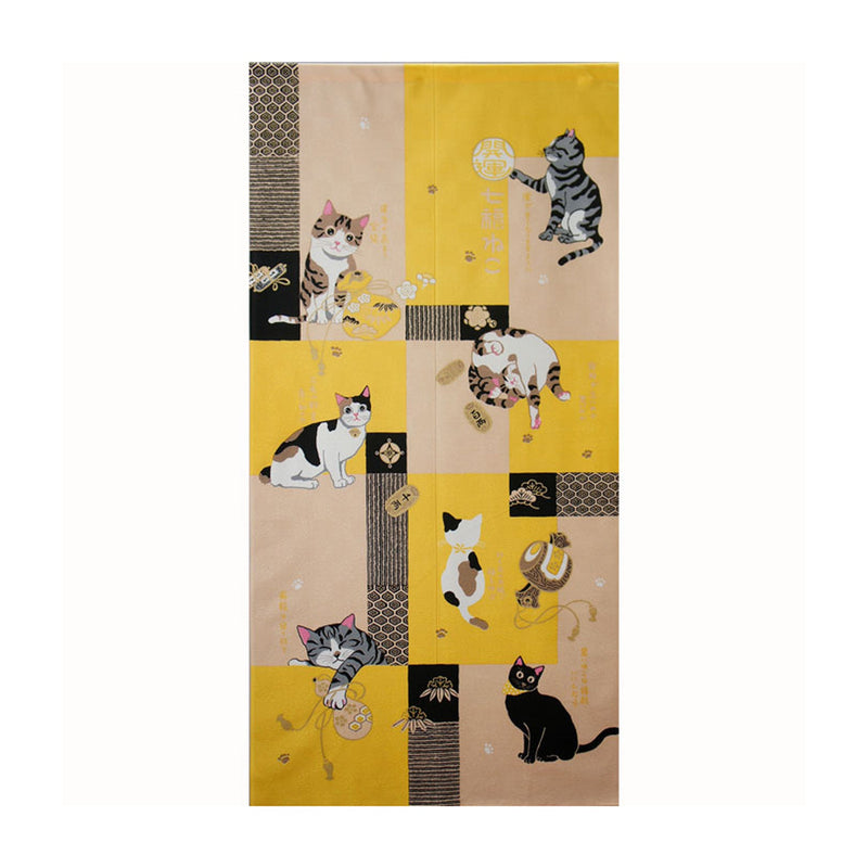 Japanese Style Paper Collage Seven Lucky Cats Noren Curtain