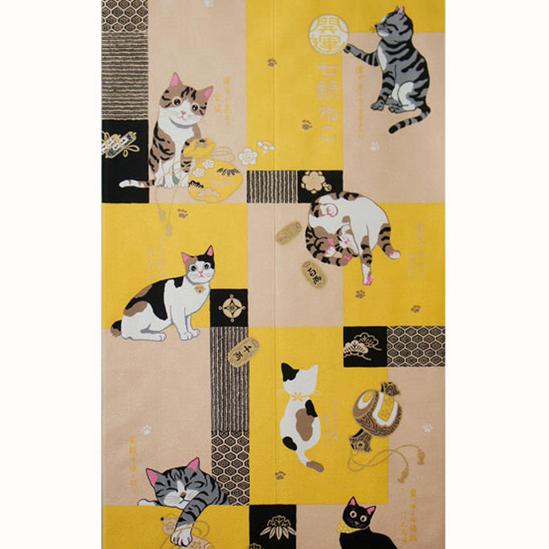 Japanese Style Paper Collage Seven Lucky Cats Noren Curtain