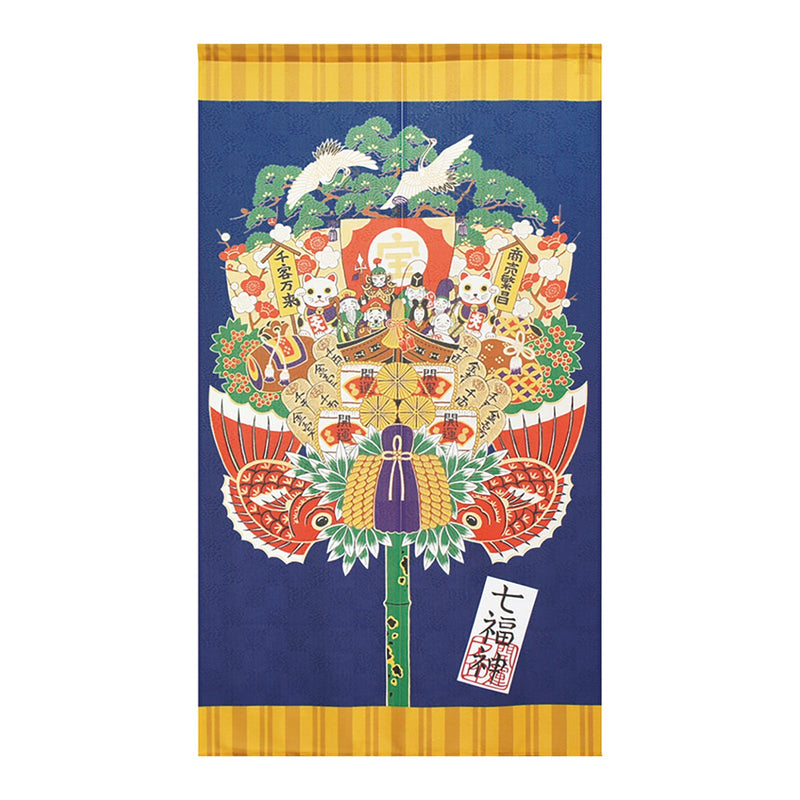 Noren Curtain (Japanese Style/Seven Lucky Gods, Ornamental Rake/85x150cm/SMCol(s): Navy,Yellow)